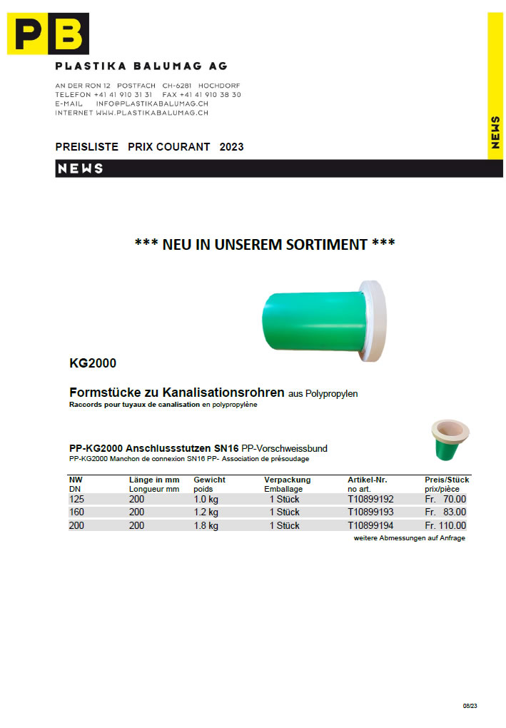 Preisliste KG2000 Formstücke von Plastika Balumag