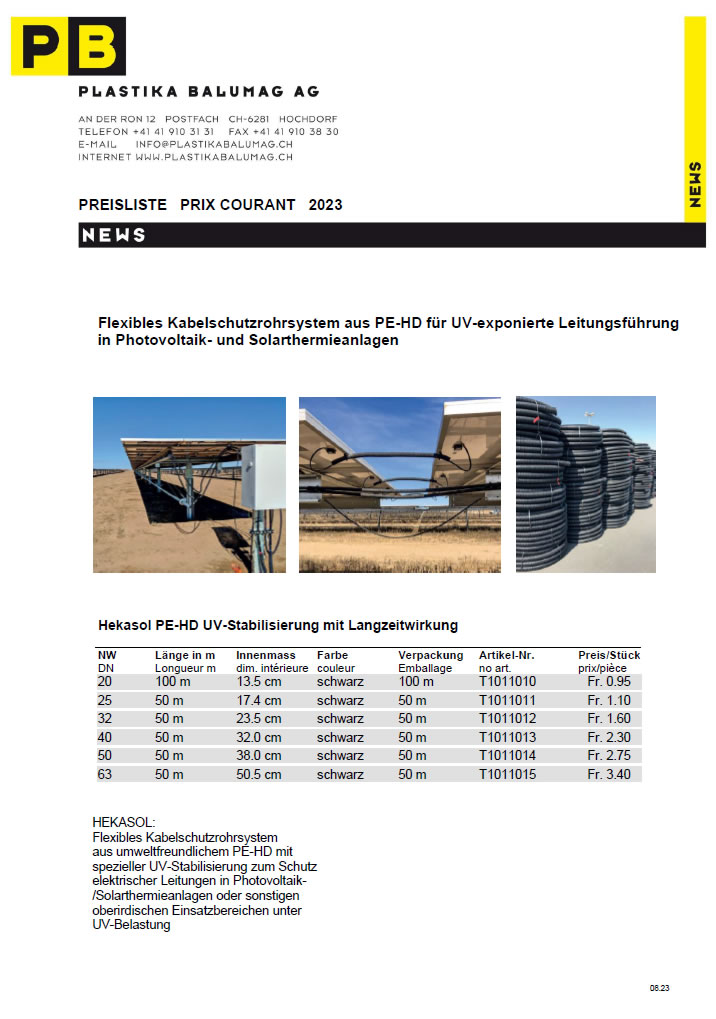 Preisliste Hekasol von Plastika Balumag